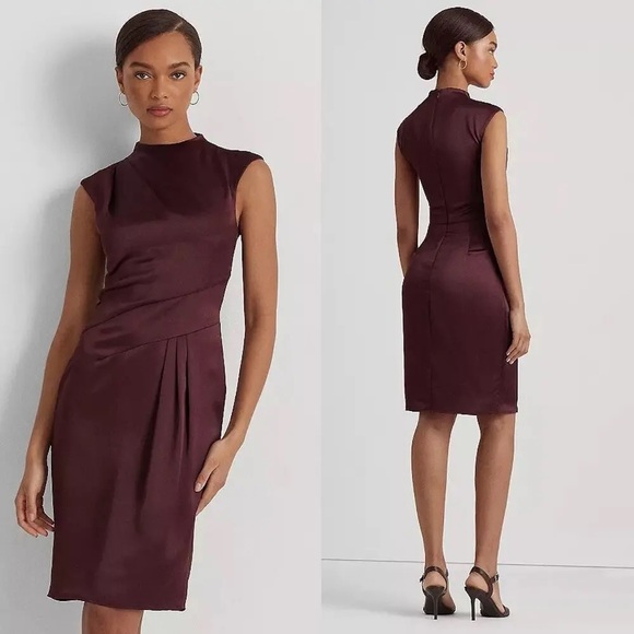 Lauren Ralph Lauren Satin Charmeuse Mock Neck Cocktail Dress (Vintage Burgundy) - Picture 1 of 12